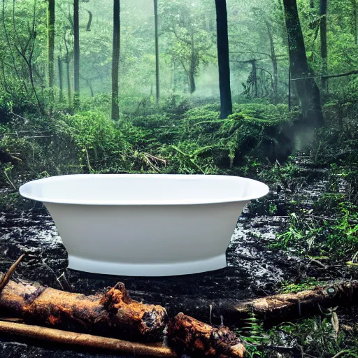 Prompt: pristine porcelain bath filled with bubbles in a clearfelled jungle, slash and burn, deforestation, tree stumps, smouldering charred timber