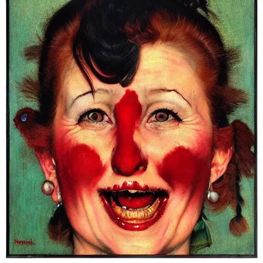 Prompt: Front portrait of a cackling punk woman with a red face. A painting by Norman Rockwell.