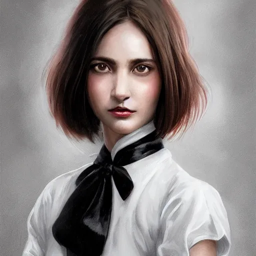 Image similar to epic portrait an woman wearing a white blouse with short sleeves and a black tie, beauty, pretty face, glossy skin, brown tied hair, digital painting, artstation, concept art, soft light, hdri, smooth, sharp focus, illustration, fantasy, intricate, elegant, highly detailed, D&D, matte painting, in the style of Greg Rutkowski and Alphonse Mucha and artemisia, 8k, highly detailed, jurgens, rutkowski, bouguereau, pastoral, rustic, georgic, detailed concept art, illustration, colorful pastel, painting, detail, ultra detailed, digital art, 4K,