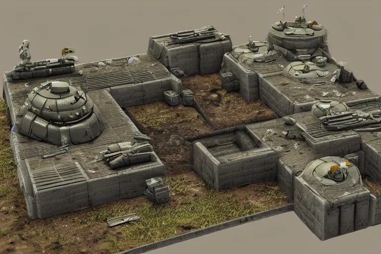 Image similar to 40k Tau empire bunker. Tao coalition. Greater good gromdark bunker. 3d printable wargaming terrain. High resolution render. CGSociety.