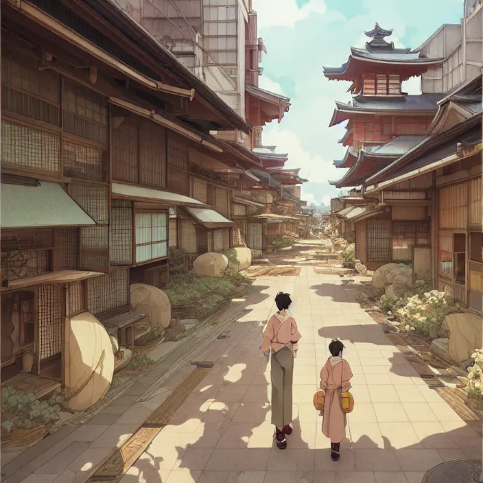 Image similar to empty japanese city, spring, in the style of studio ghibli, j. c. leyendecker, greg rutkowski, artem