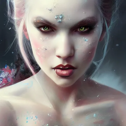 Image similar to a beautiful portrait of kerli koiv with bubble goth makeup, a detailed painting by greg rutkowski and raymond swanland, featured on cgsociety, fantasy art, detailed painting, artstation hd, photorealistic