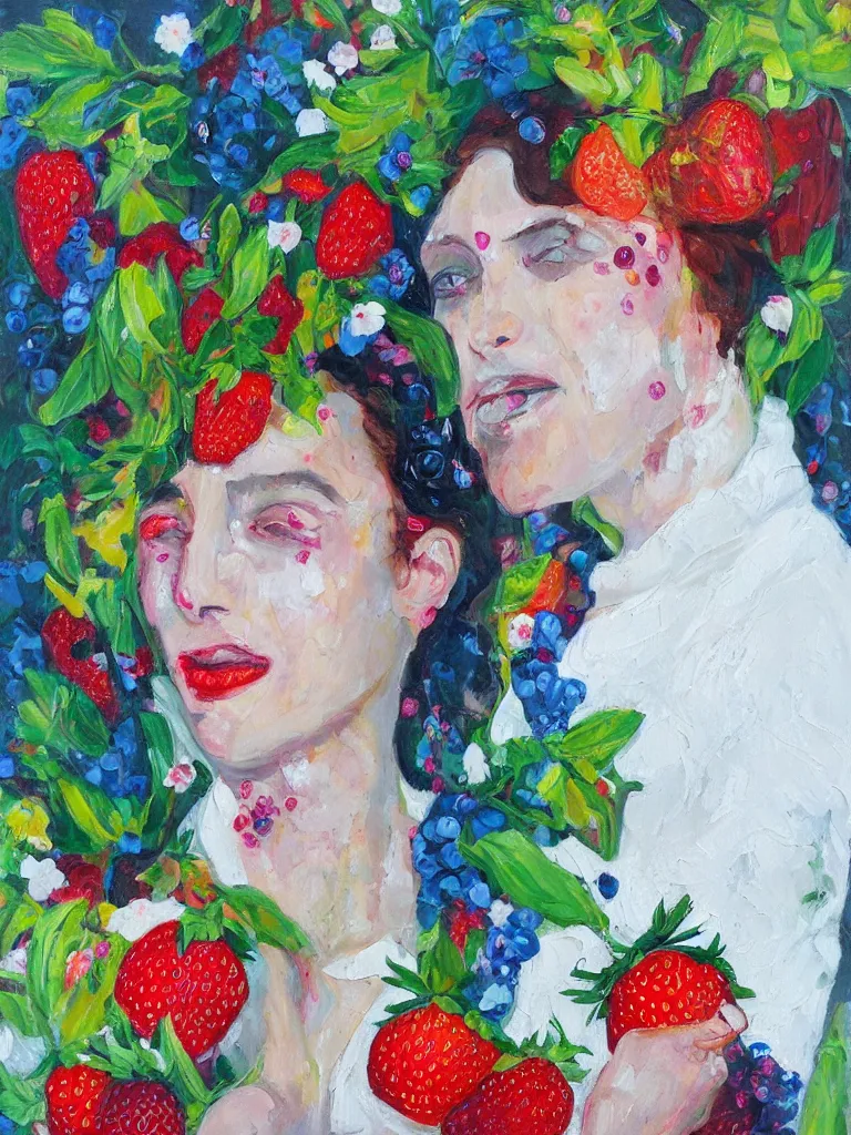 Prompt: “organic, portrait of a woman wearing white silk, neoexpressionist, eating luscious fresh raspberries and strawberries and blueberries, edible flowers, acrylic and oilstick on canvas”