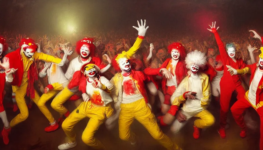 Prompt: highly detailed painting of a group of ronald mcdonalds with red afros, white facepaint, red noses and yellow tracksuits dancing at a cyber nightclub rave by william turner, by greg rutkowski, by william constable, thick brush strokes and visible paint layers, 4 k resolution