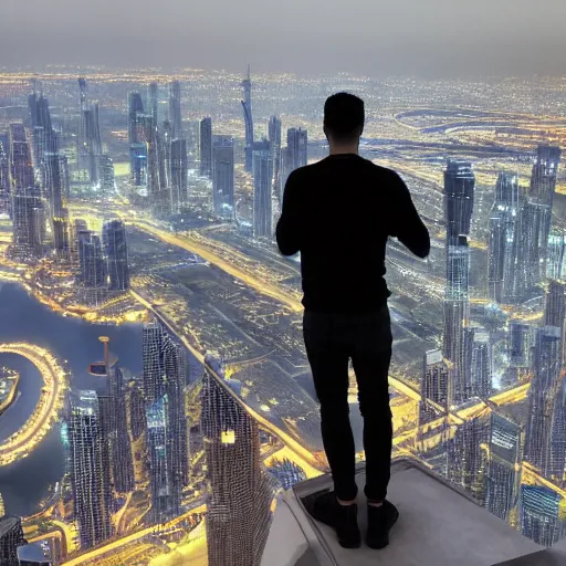 Prompt: closeup of a man [ standing on the pinnacle of the burj khalifa ]!!, holding a camera, viewing out into a futuristically adequate city, dusk atmosphere, digital art, [ synthwave style ]!!, golden ratio!!, centered!!