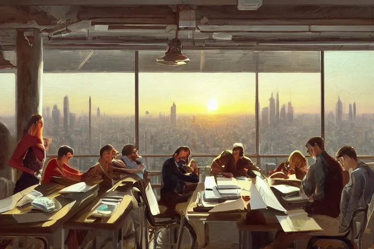 Image similar to employees as monkeys setting on glorious meeting room, papers scattered on the table, sunset, building and skyline showing from windows, fine art, artstation, matte painting, masterpiece by vasnetsov