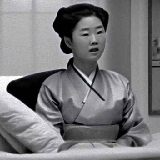 Image similar to a woman in a hanbok sitting on a couch, a starfish arm coming through the window, minimal cinematography by Akira Kurosawa, movie filmstill, 1950s film noir, thriller by Kim Jong-il and Shin Sang-ok, monster movie, tri-x 3200