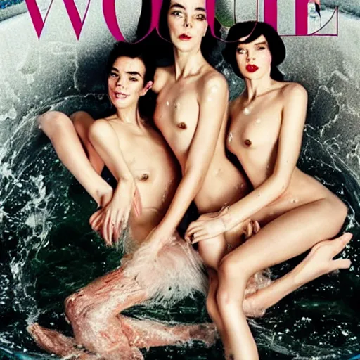 Prompt: stunning vogue magazine photo of dark - haired goddesses vanessa kirby, hailee steinfeld, and bjork smiling, legs intertwined, in a bubble bath, with wet faces!!, wet lips, smooth skin, perfect eyes, insanely detailed, elegant, by wlop, rutkowski, livia prima, mucha, wlop,