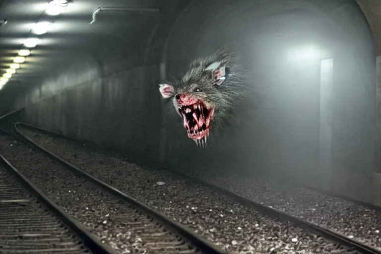 Image similar to very large giant mutant zombie irradiated ( angry rat ) staying on railways in tonnel of moscow subway. tonnel, railways, giant angry rat, furr, fangs, claws, very realistic. fog, extreme long shot, herman nitsch, giger.