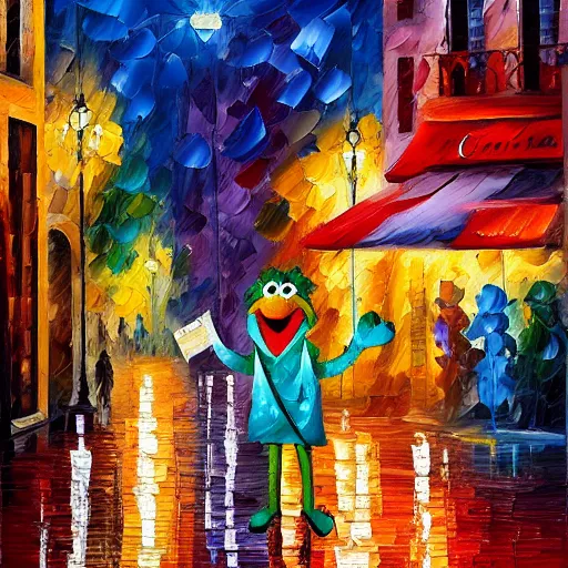 Image similar to impasto acrylic painting of a muppet in a serene paris streetscape at night. inspired by leonid afremov, artstation, art - deco, cinematic lighting