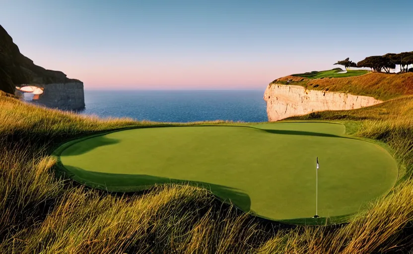 Prompt: a great photograph of the most amazing golf hole in the world, incredible light, cliffs by the sea, perfect green fairway, human perspective, ambient light, 5 0 mm, golf digest, top 1 0 0, fog