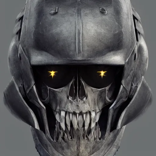 Image similar to grimdark space knight skull helmet, terrifying, grimdark, photorealistic, front view, symmetrical, artstation