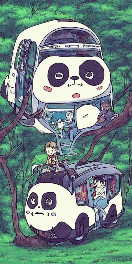 Image similar to a panda bus in like totoro, 1990s anime, full color, tarot card the chariot, highly detailed ,