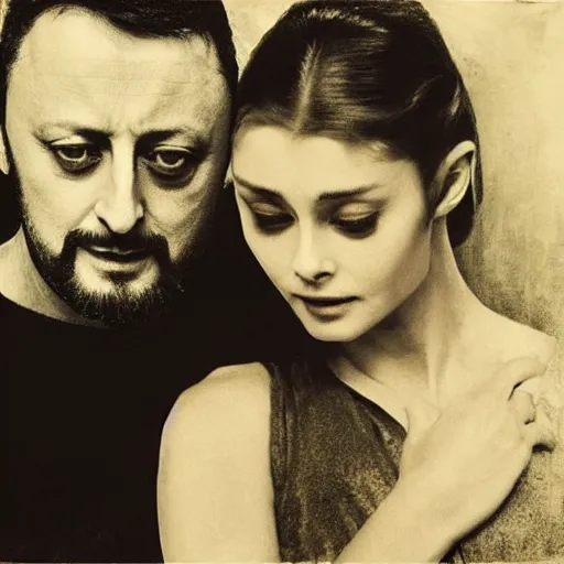 Prompt: Romeo (Jean Reno) and Juliet (Audrey Hepburn), are looking at each other romantically. dramatic, high contrast, romantic, theatrical, lumnious, cinematic lights,tintype photo, oil canvas by Csók István, Munkácsi and Hollósy Simon