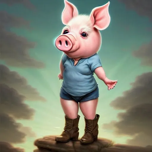 Image similar to cute little anthropomorphic funny female pig wearing shorts, a hat, boots and a pale blue shirt!! tiny!! fully clothed!!! small, short, cute and adorable, character art portrait, matte fantasy painting, deviantart artstation, by jason felix by steve argyle by tyler jacobson by peter mohrbacher, cinema