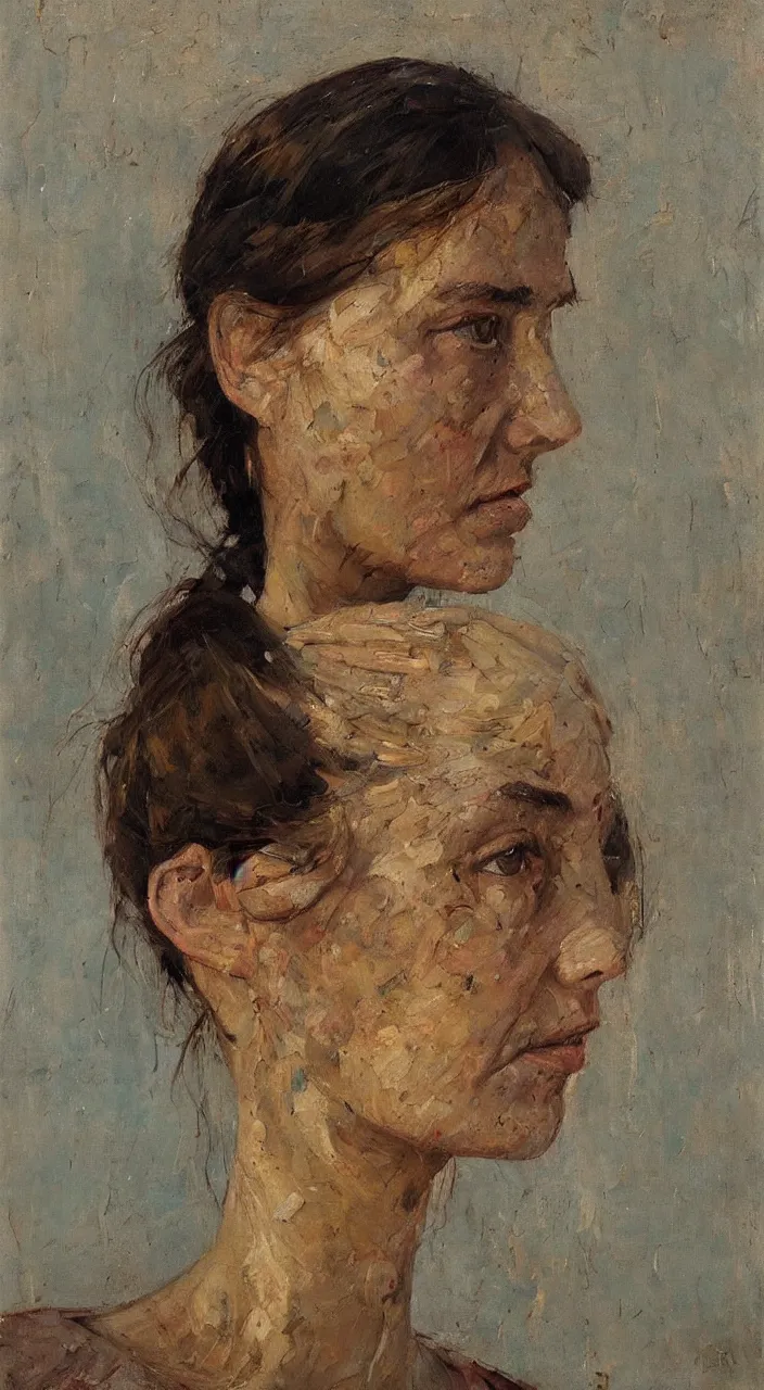 Image similar to portrait of a long faced woman, Denis Sarazhin, oil on canvas