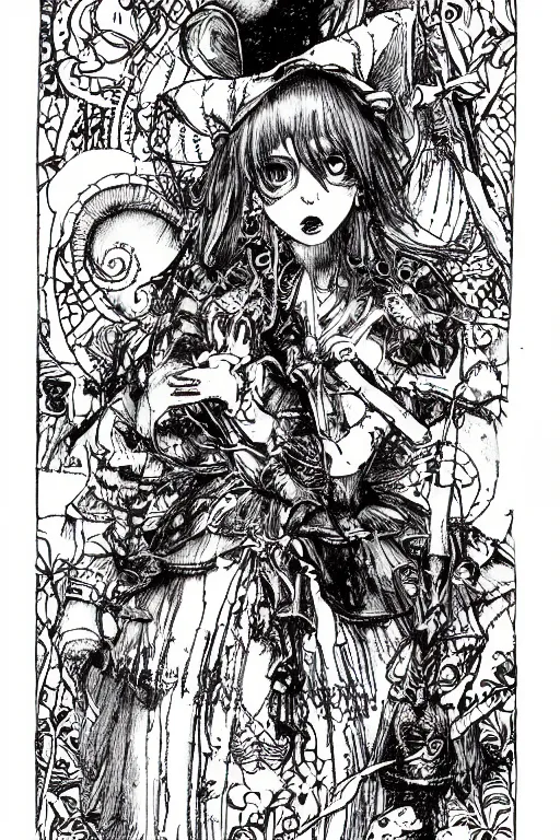 Prompt: Rave Alice in wonderland tarot card , pen and ink, intricate line drawings, by Yoshitaka Amano, Ruan Jia, Kentaro Miura, Artgerm, watercolor