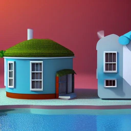 Image similar to cute chubby house, 3 d render, minimalistic, octane, 1 0 0 mm, depth of field, isometric, blue background