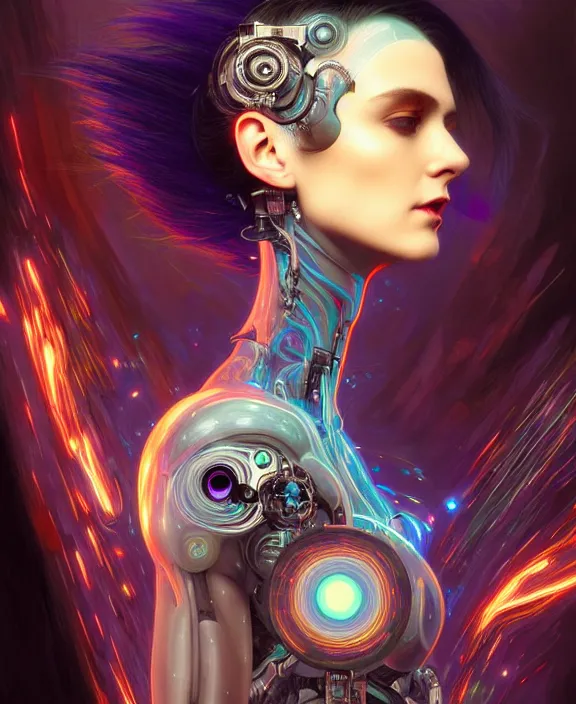 Image similar to a whirlwind of souls rushing inside the metaverse, hologram, half body, neurochip, shaved temple, piercing, jewelry, android, cyborg, cyberpunk face, by loish, d & d, fantasy, intricate, elegant, highly detailed, colorful, digital painting, artstation, concept art, art by artgerm and greg rutkowski and alphonse mucha