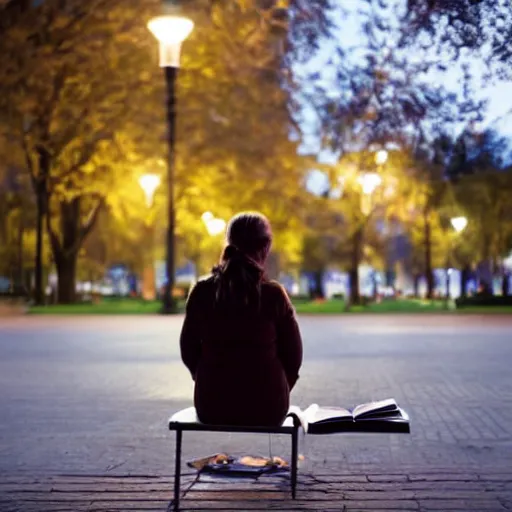 Image similar to a girl reading a book, city park, street lighting, by Emmanuel Lubezki