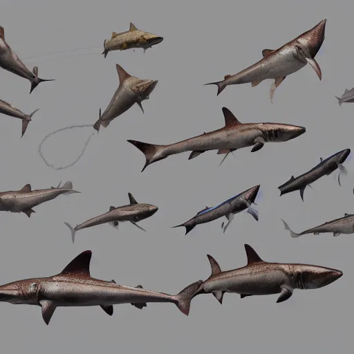 Image similar to fish - like physique and the beam - shaped head of upright walking terran hammerhead sharks, artstation