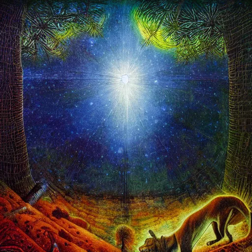 Image similar to psychedelic big cats lush pine forest, outer space, milky way, designed by arnold bocklin, jules bastien - lepage, tarsila do amaral, wayne barlowe and gustave baumann, cheval michael, trending on artstation, star, sharp focus, colorful refracted sparkles and lines, soft light, 8 k 4 k