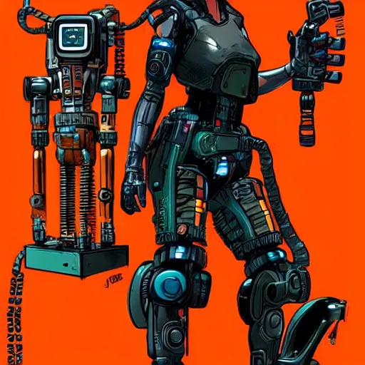 Prompt: cyberpunk mechanic lady with robotic legs. orange and black color scheme. concept art by james gurney and mœbius. apex legends character art