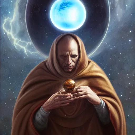 Image similar to the creator of worlds wearing a cloak and holding a holographic planet projection in his hand, detailed, sci - fi, digital painting, artstation, sharp focus, illustration, ominous, artgerm, tomasz alen kopera, peter mohrbacher, donato giancola, joseph christian leyendecker, wlop, frank frazetta