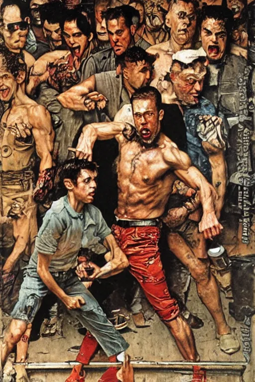 Image similar to Tyler Durden fighting in a basement painted by Norman Rockwell