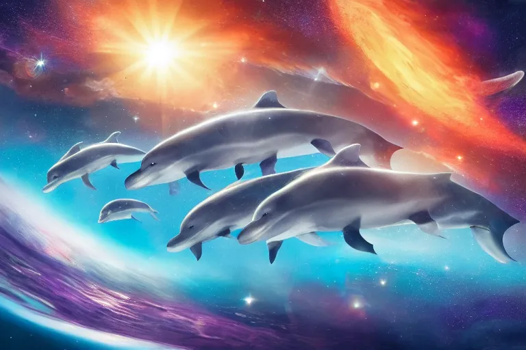 Image similar to a group of cosmic dolphins jumping out of a ocean in the cosmos in space, epic composition, 4 k