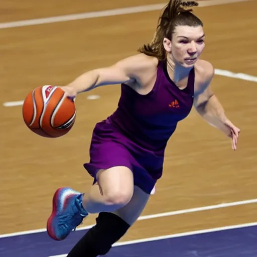 Prompt: Simona Halep playing basketball