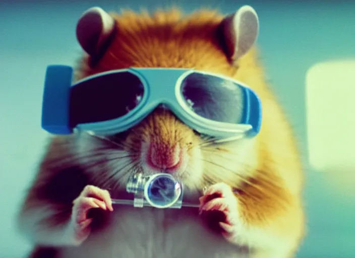 Image similar to film still of a hamster wearing goggles working in a research lab using a tiny microscope, 8 k