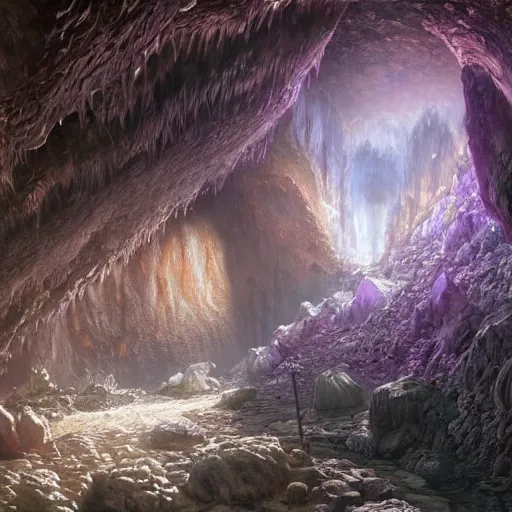 Image similar to A beautiful hyper realistic detailed matte painting of a cavern full of crystal formations, geode, quartz, amethyst. John Howe, Andreas Rocha, dynamic lighting, dramatic lighting, cinematic lighting, unreal engine, featured on artstation, physically based rendering