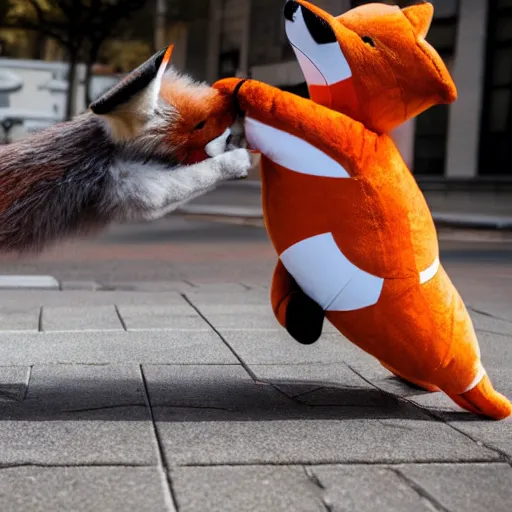 Image similar to Two fox plushies playfully wrestling on the sidewalk, dynamic, motion blur, 1/4 shutter speed, award winning photography