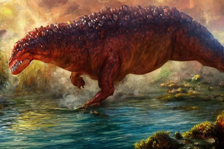 Prompt: highly detailed oil painting of a tyrannosaurus!! ( ( mushroom ) ) in a steaming colorful hotspring, featured on artstation