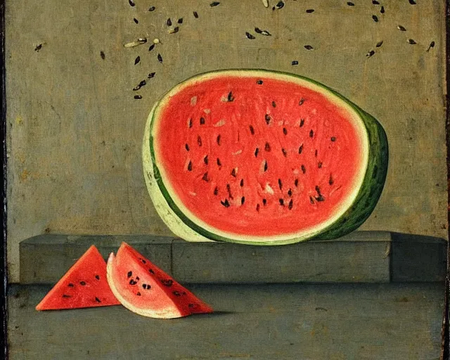 Image similar to a 1 5 th century medieval oil painting of a watermelon with lots of rind and large seeds. high quality scan