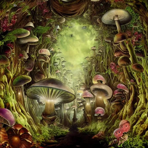 Image similar to stars in the sky fairies with detailed faces enchanted forest mushrooms on the ground psychedelic wide angle shot white background vector art illustration gears of war by frank frazetta