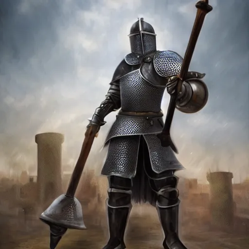 Image similar to Male knight in chainmail with big hammer, abandoned city, oil painted, shine, full HD, 8k render