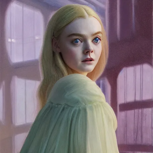 Image similar to Elle Fanning in Santorini in the style of Paola Vetri, head and shoulders portrait, stormy weather, extremely detailed masterpiece, oil on canvas, low-key neon lighting, artstation, Blade Runner 2049, Roger Deakin’s cinematography, by J. C. Leyendecker and Peter Paul Rubens and Edward Hopper and Michael Sowa,