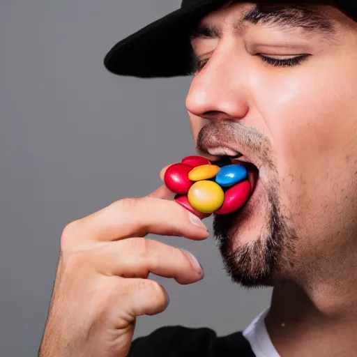 Prompt: m&ms cascading out of a man's mouth, professional photo