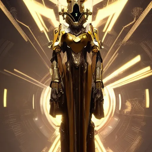 Image similar to cinematic, hyperdetailed elegant beautiful stunning futuristic and enigmatic oracle in jedi clothes gold armored regal gold sunray shaped crown, warframe, destiny, octane