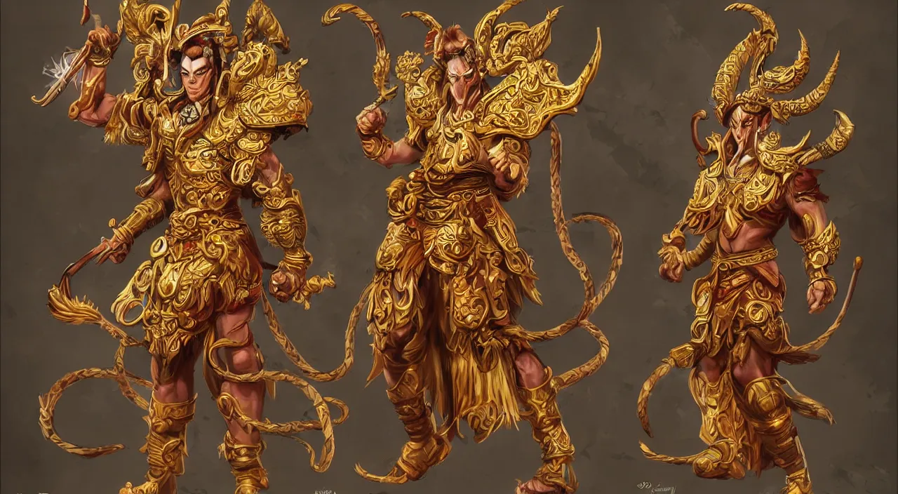 Image similar to concept art of monkey king in ornate golden armo, artstation