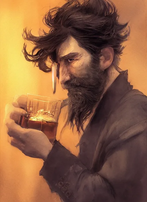 Image similar to portrait, a handsome small Frenchman with beard and long black hair toasting with whiskey, watercolor, dramatic lighting, cinematic, establishing shot, extremely high detail, foto realistic, cinematic lighting, digital art, by Yoshitaka Amano, Ruan Jia, Kentaro Miura, Artgerm, post processed, concept art, artstation, matte painting, style by eddie mendoza, raphael lacoste, alex ross