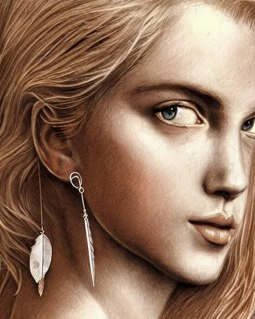 Prompt: line drawing of beautiful greek goddess aphrodite with arrowhead earrings and beautiful feather jewelry, beautiful piercing eyes, beautiful blonde hair, hyper realistic face, in the style of greg rutkowski, fantasy, amazing detail, epic, elegant, smooth, sharp focus, from the front