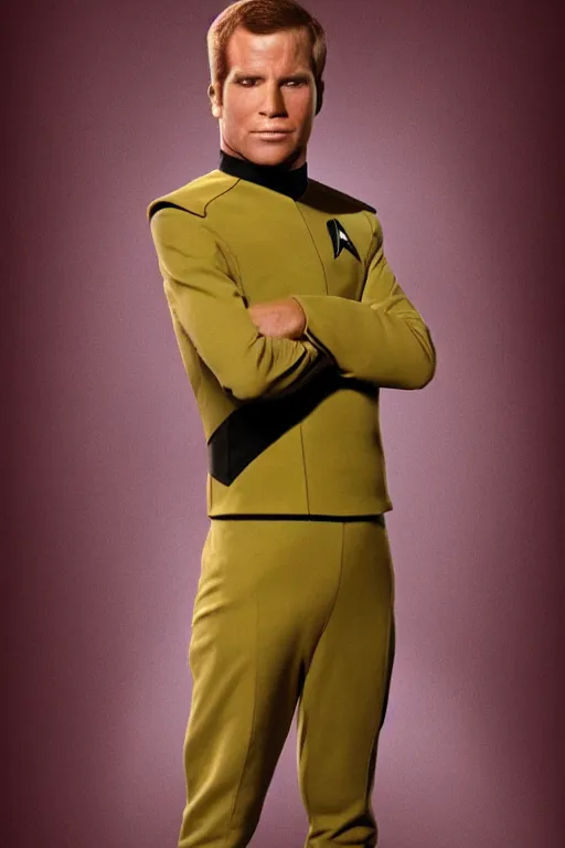 Prompt: full body digital portrait of scrawny captain james t kirk, starfleet uniform, star trek, malnourished, sensual, smooth, elegant, sharp focus, highly detailed