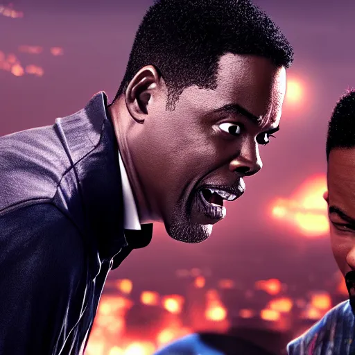 Image similar to chris rock is fighting with will smith on his face, shadow harsh lights, dramatic scene, hyper detailed, digital art, trending in artstation, cinematic lighting, studio quality, smooth render, unreal engine 5 rendered, octane rendered, ligh rim