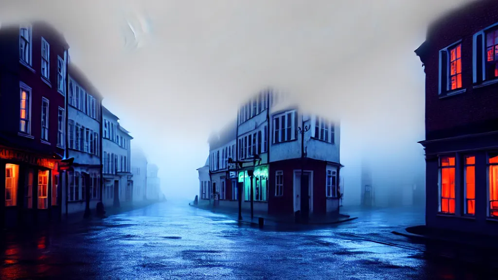 Image similar to the old town with houses in the windows of which the light is on. early morning, fog on ground, wet street. mike barr painting. volumetric light, derk cyan ambient, noir arthouse, 3 5 mm, hight detalied, hd, 4 k
