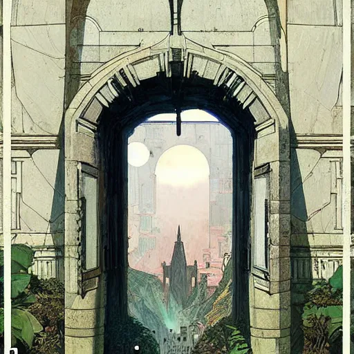 Prompt: art deco archway leading into arcology with studio ghibli wooden homeless medieval city built into it, science fiction concept art by greg rutkowski and wayne barlowe and alphonse mucha