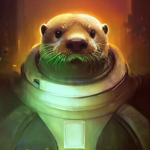 Image similar to hyperrealistic portrait of an athropomorphic otter wearing an astronaut outfit, bladerunner street, art of elysium by jeremy mann and alphonse mucha, fantasy art, photo realistic, dynamic lighting, artstation, poster, volumetric lighting, very detailed face, 4 k, award winning, cinematic lighting