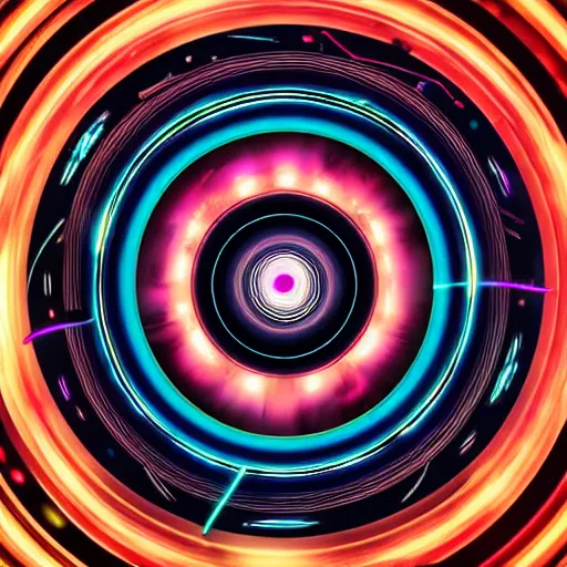 Prompt: horizontal centered neon cyberpunk distortion field electron eyeball with concentric data rings around it, glowing, fantasy, networking, camera shutter iris, singularity, clouds, circuitry, explosion, dramatic, intricate, elegant, highly detailed, digital painting, network, artstation, concept art, smooth, sharp focus, illustration, octane render